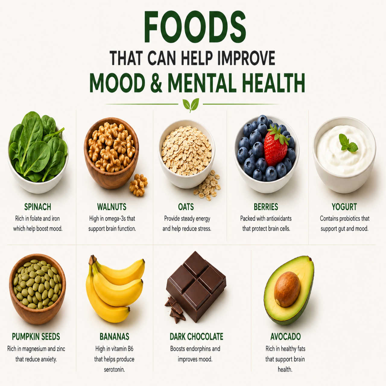 mentalhealth,moodboostingfoods,healthyeating,brainhealth,nutrition,spinach,walnuts,oats,berries,wellness,plantbased